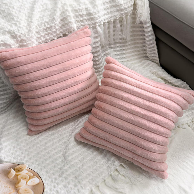 Ribbed Fur Cushions For Sofa Set of 2  with 2 Protective Covers- Pink