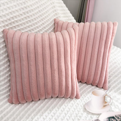 Ribbed Fur Cushions For Sofa Set of 2  with 2 Protective Covers- Pink